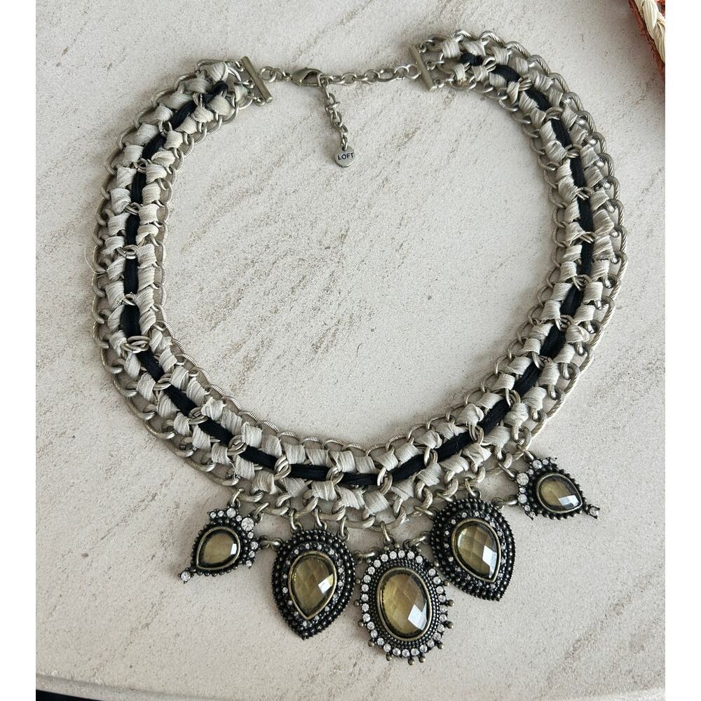 Ann Taylor LOFT Statement Necklace – Mixed Media Chain & Cord Crystal Pendants - Picture 2 of 5
